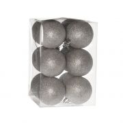  3 féle glitteres ezüst színű műanyag gömbdísz 6 cm-es méretben, 12 db-os csomagban